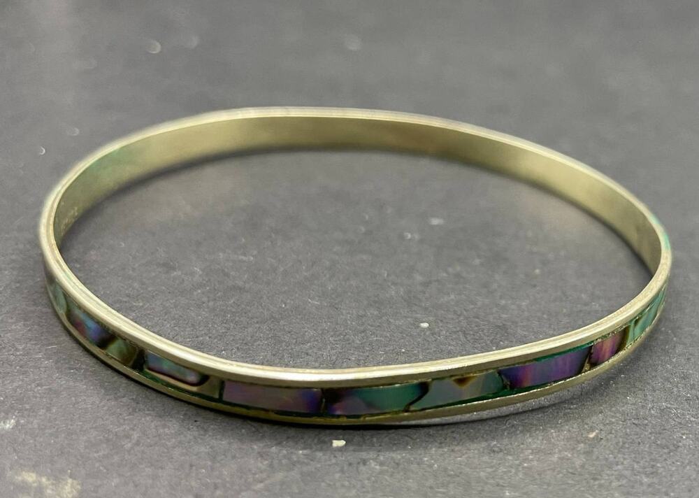 Vintage Mexican Alpaca Silver Abalone Shell Inlay Bangle Bracelet Iridescent
